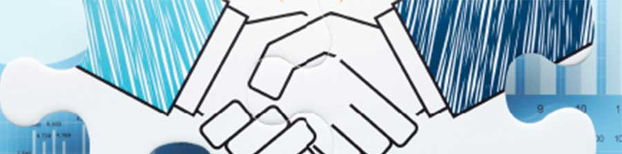 イラスト・スーツの男性が握手をしている様子。